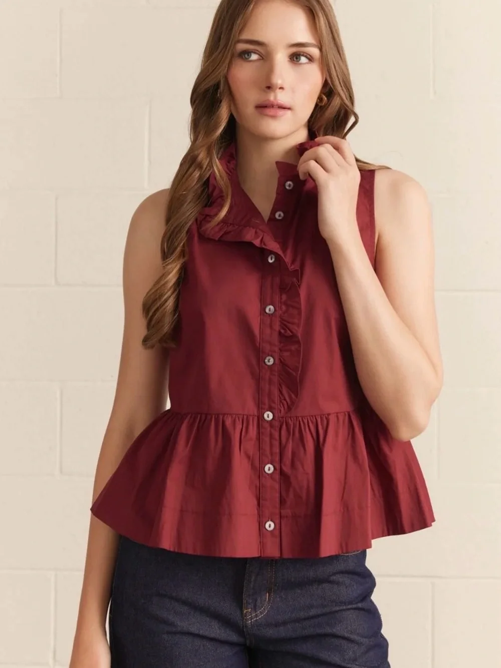 New with tag Umgee Sleeveless Ruffle Peplum Button-Front Top - Burgundy